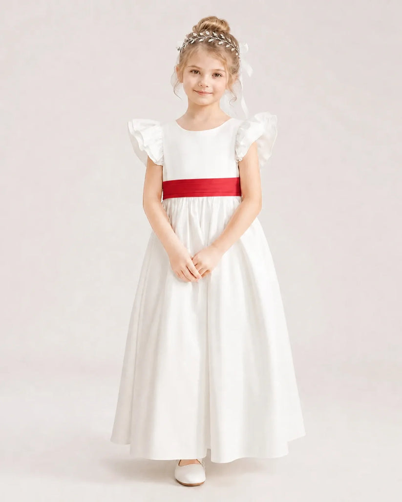 Red Satin A-line Flower Girl Dress Front View