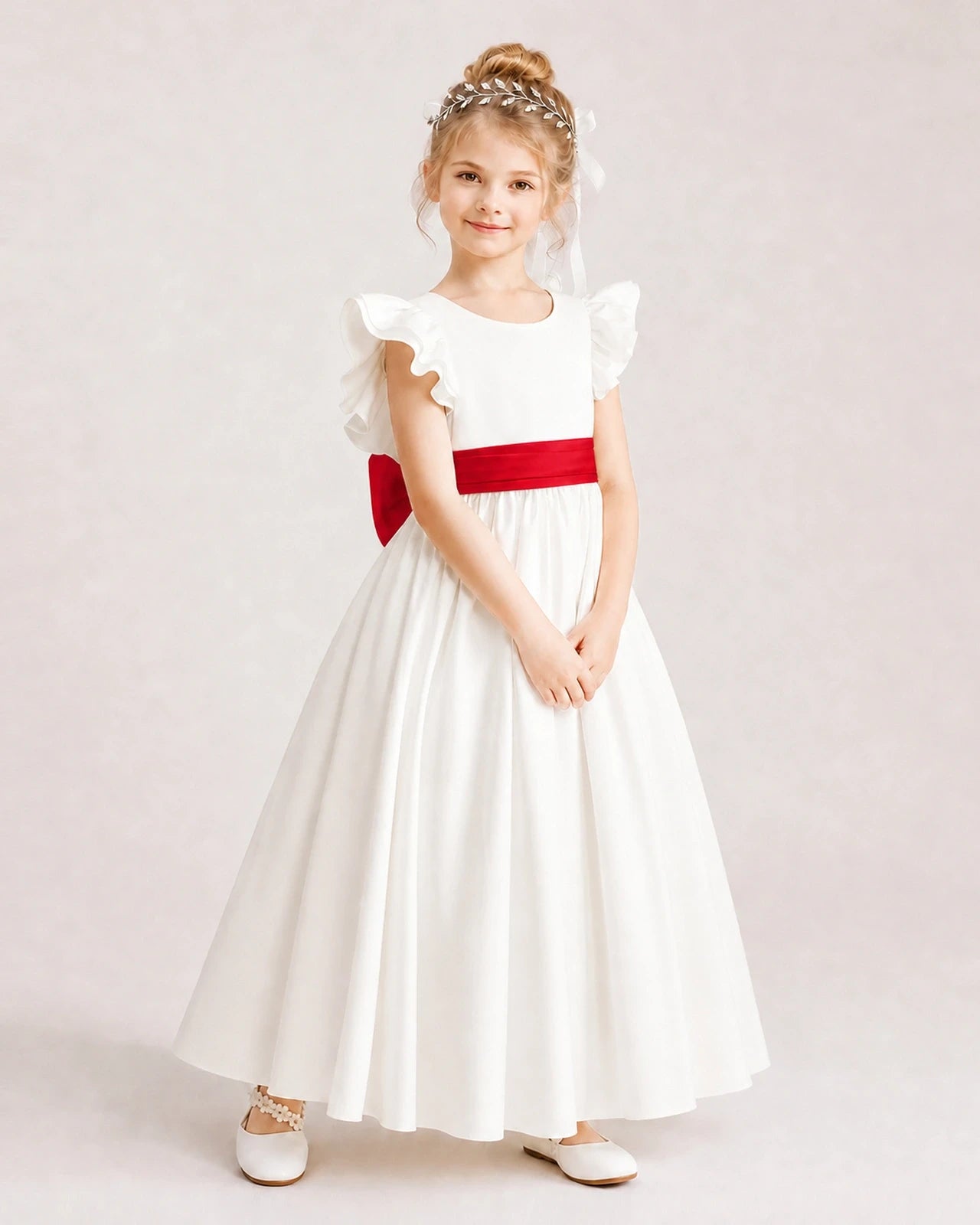 Red Satin A-line Flower Girl Dress Side View