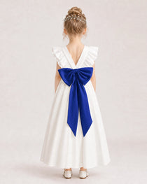 Royal Blue Satin A-line Flower Girl Dress Back View
