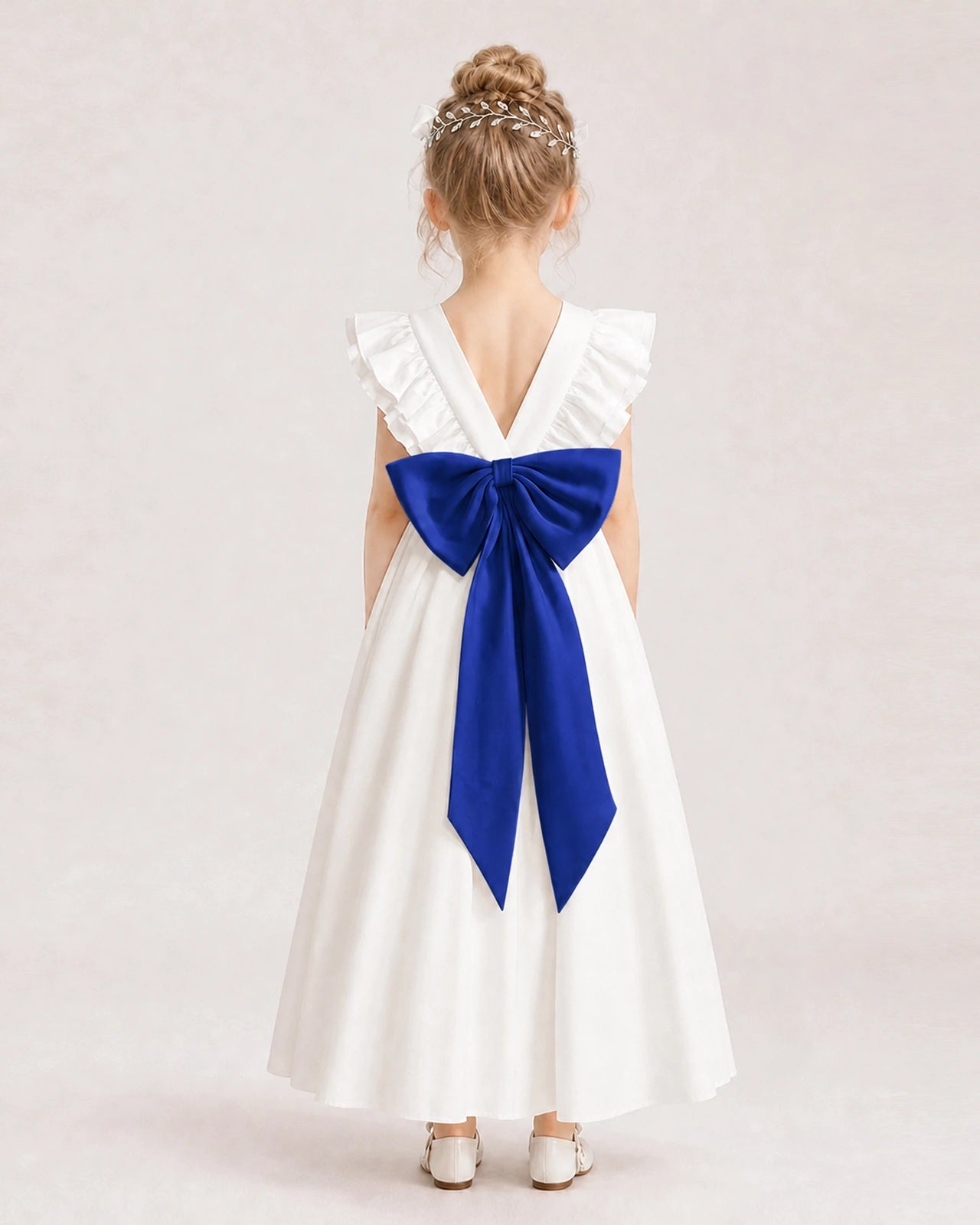 Royal Blue Satin A-line Flower Girl Dress Back View