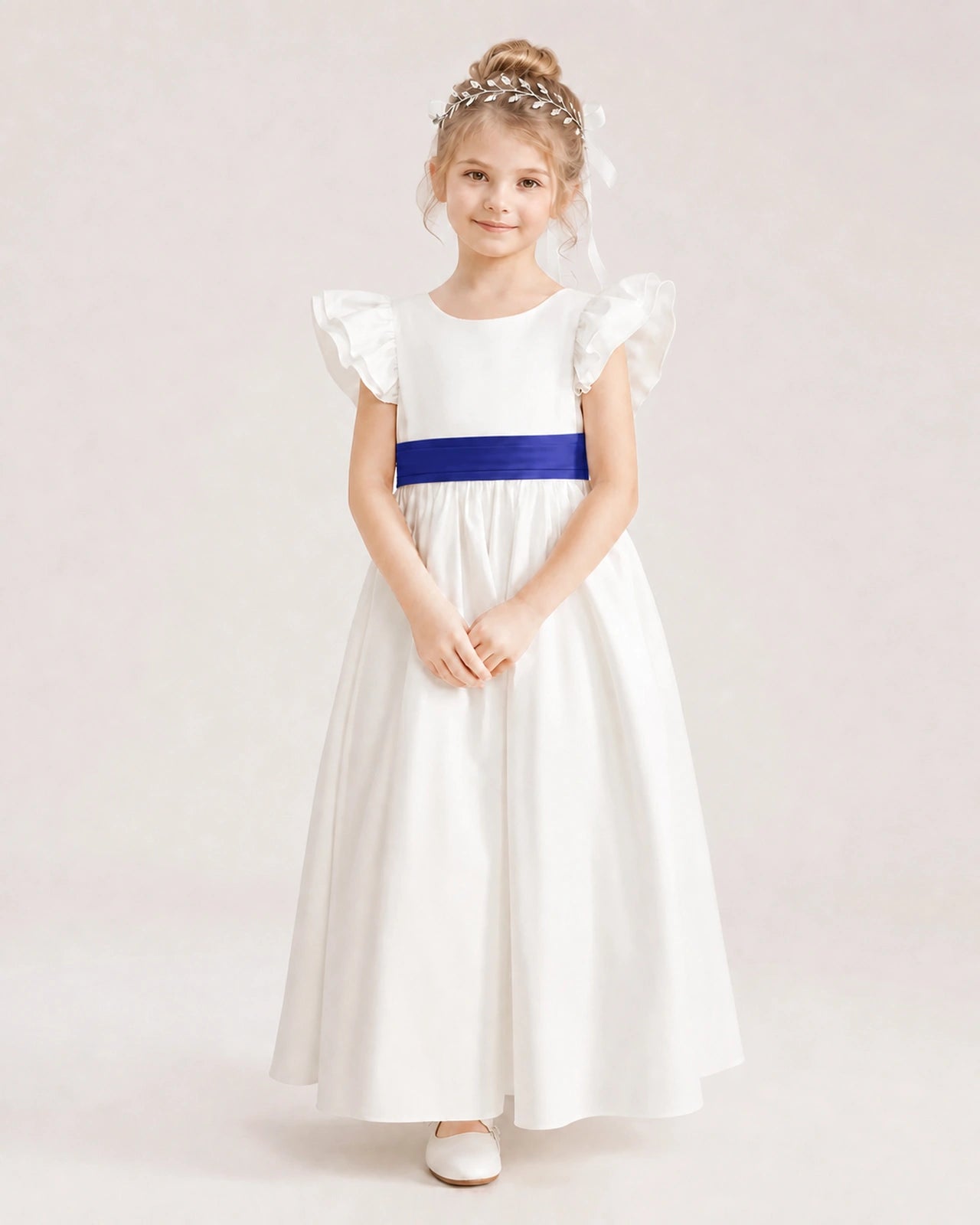 Royal Blue Satin A-line Flower Girl Dress Front View