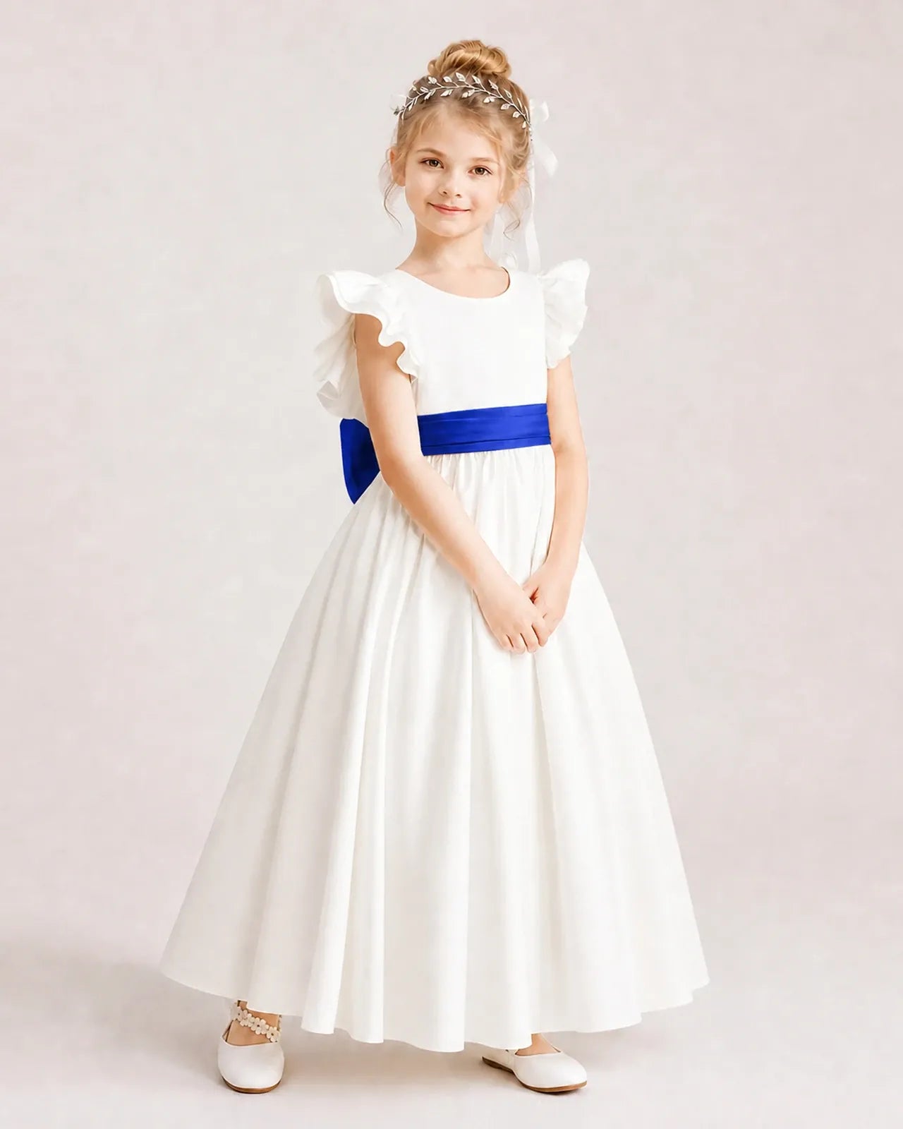 Royal Blue Satin A-line Flower Girl Dress Side View