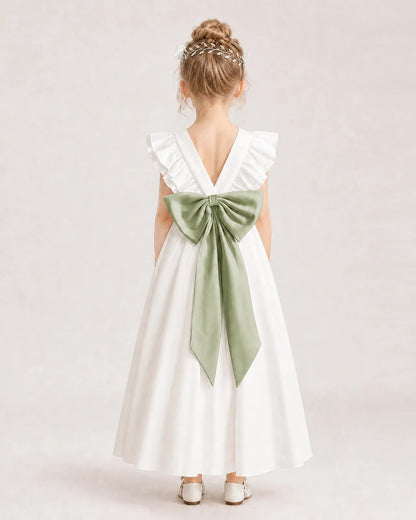 Sage Green Satin A-line Flower Girl Dress Back View