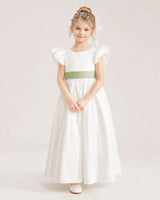 Sage Green Satin A-line Flower Girl Dress Front View
