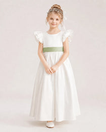 Sage Green Satin A-line Flower Girl Dress Front View