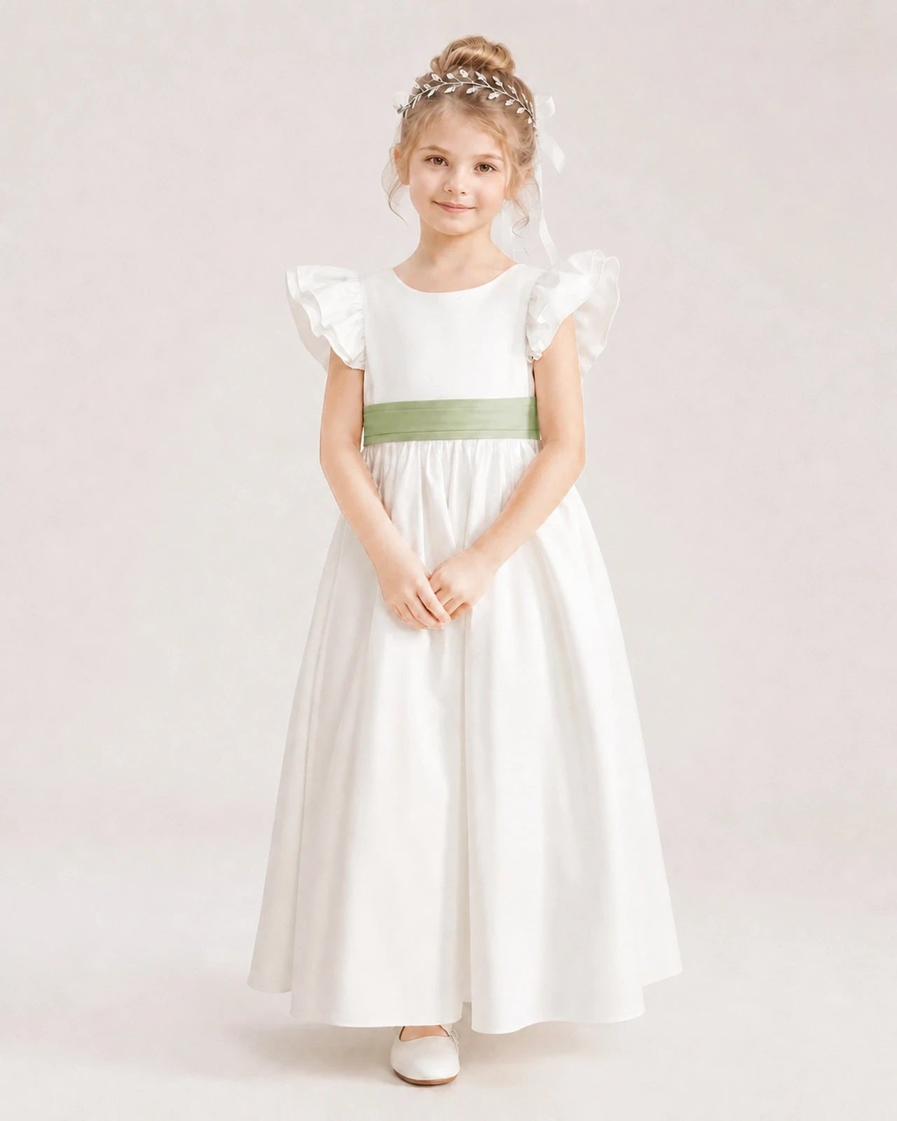 Sage Green Satin A-line Flower Girl Dress Front View