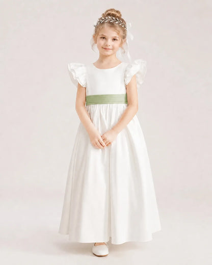 Sage Green Satin A-line Flower Girl Dress Front View