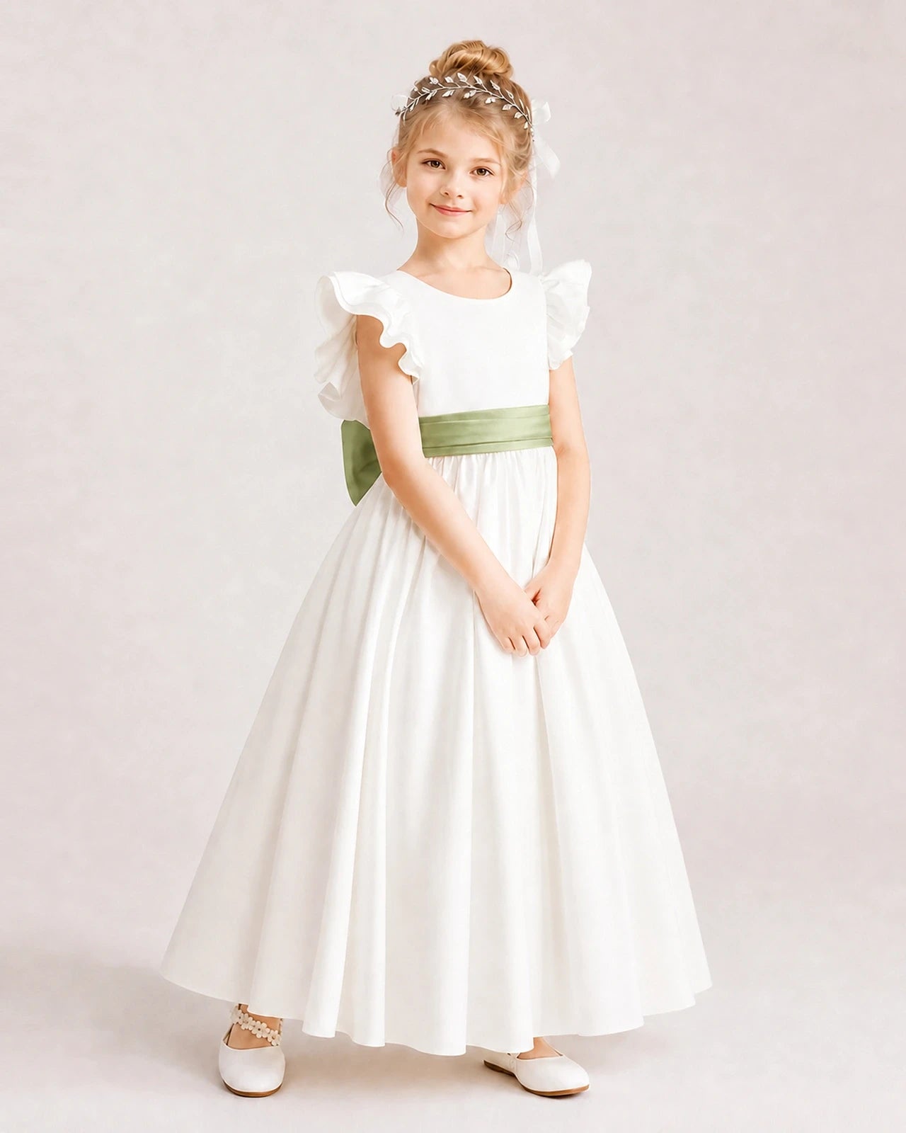 Sage Green Satin A-line Flower Girl Dress Side View