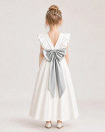Silver Satin A-line Flower Girl Dress Back View