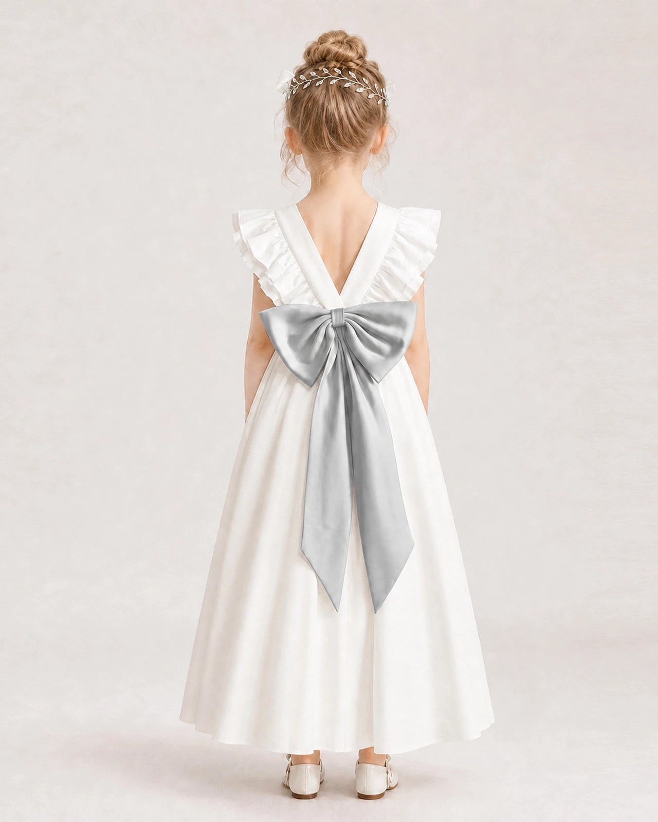 Silver Satin A-line Flower Girl Dress Back View