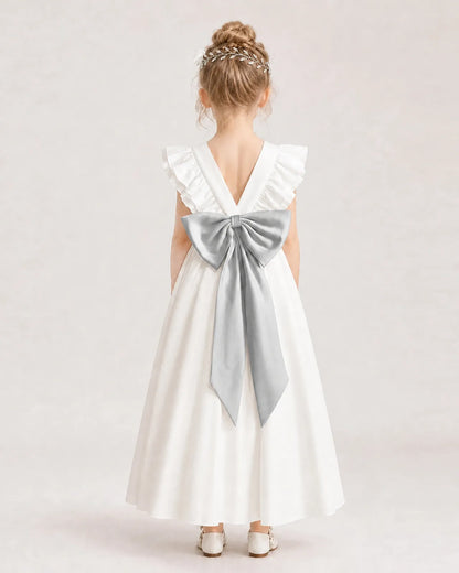 Silver Satin A-line Flower Girl Dress Back View