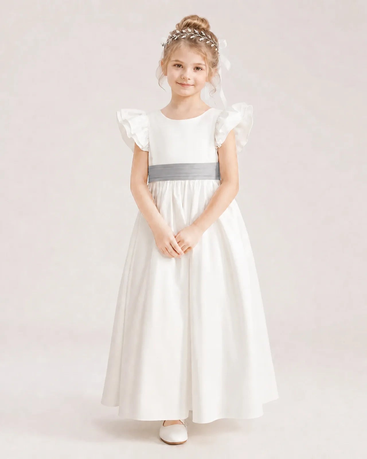 Silver Satin A-line Flower Girl Dress Front View