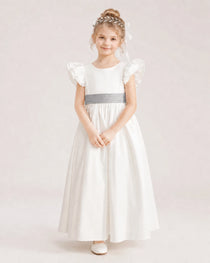 Silver Satin A-line Flower Girl Dress Front View