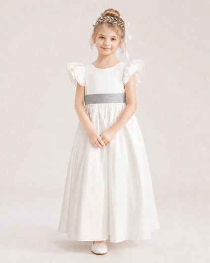 Silver Satin A-line Flower Girl Dress Front View