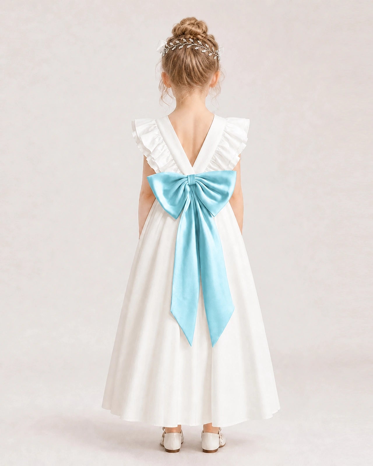 Sky Blue Satin A-line Flower Girl Dress Back View