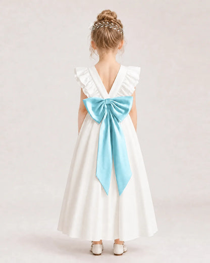 Sky Blue Satin A-line Flower Girl Dress Back View