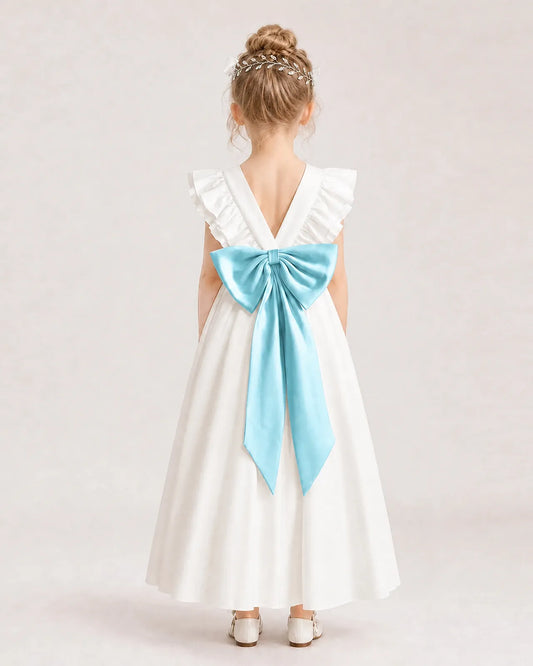Sky Blue Satin A-line Flower Girl Dress Back View