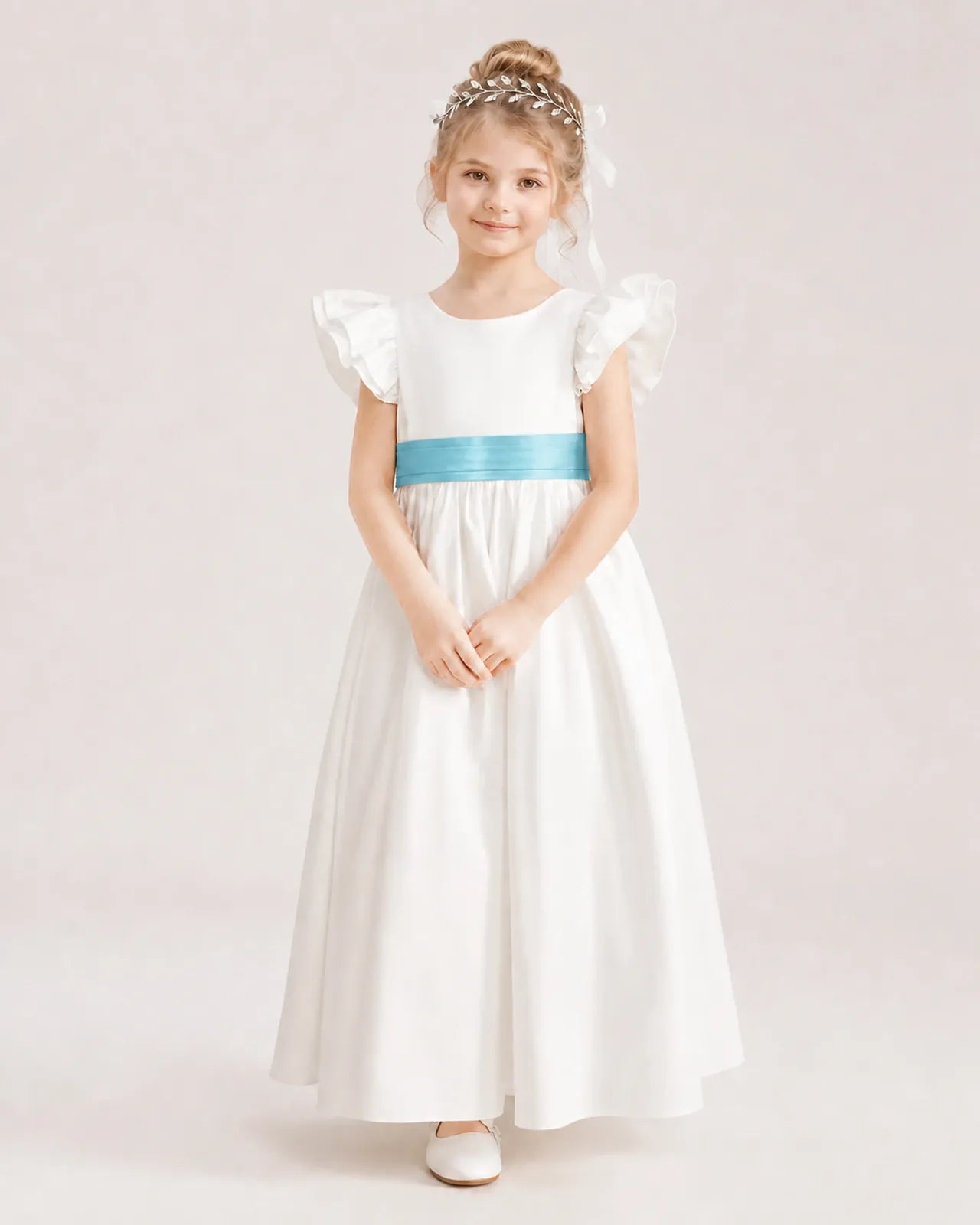 Sky Blue Satin A-line Flower Girl Dress Front View