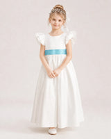 Sky Blue Satin A-line Flower Girl Dress Front View