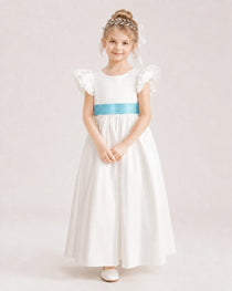Sky Blue Satin A-line Flower Girl Dress Front View