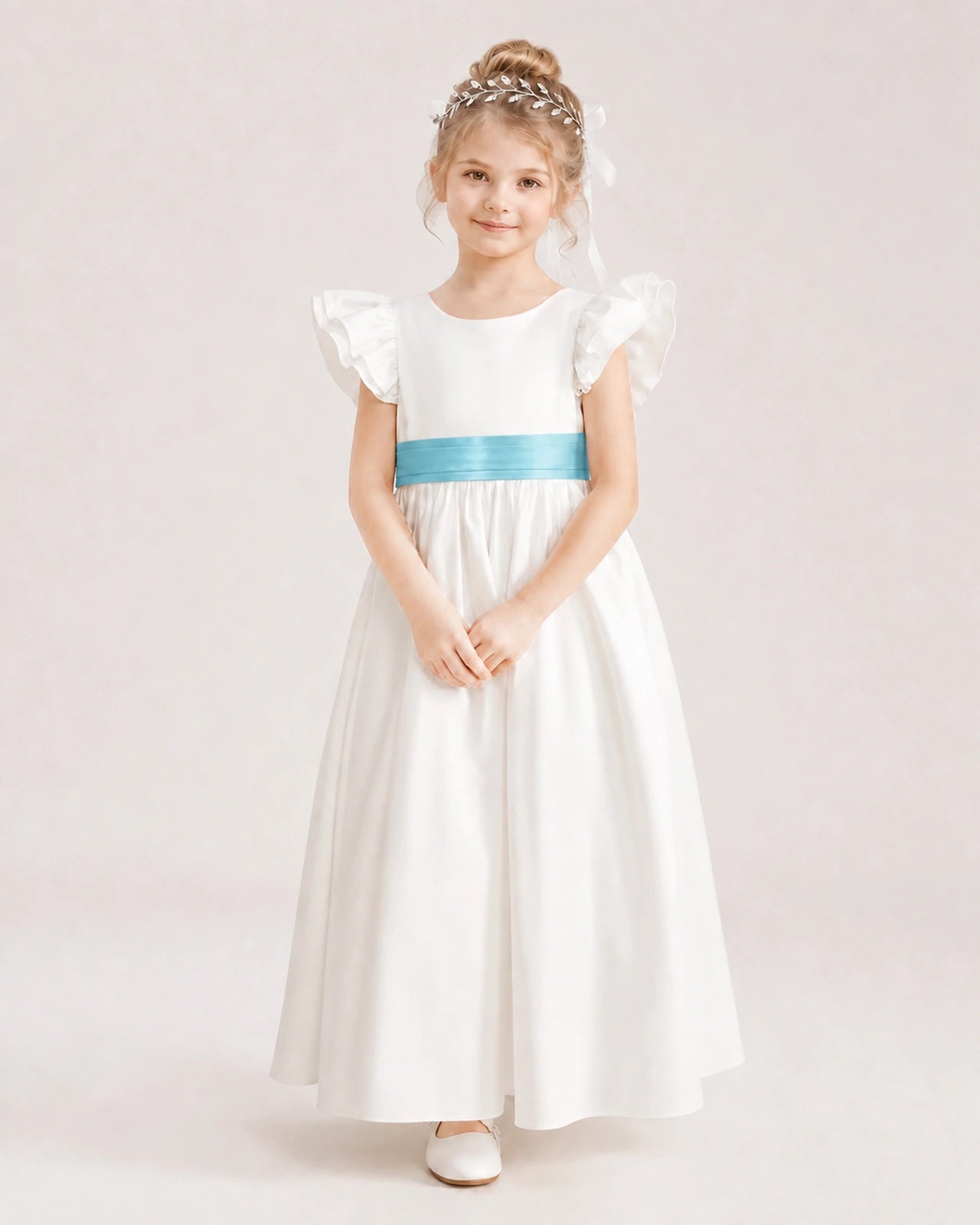 Sky Blue Satin A-line Flower Girl Dress Front View
