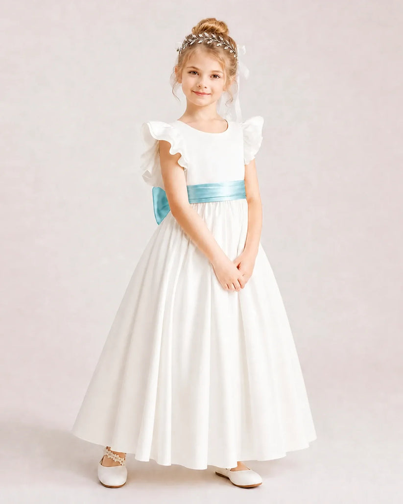 Sky Blue Satin A-line Flower Girl Dress Side View