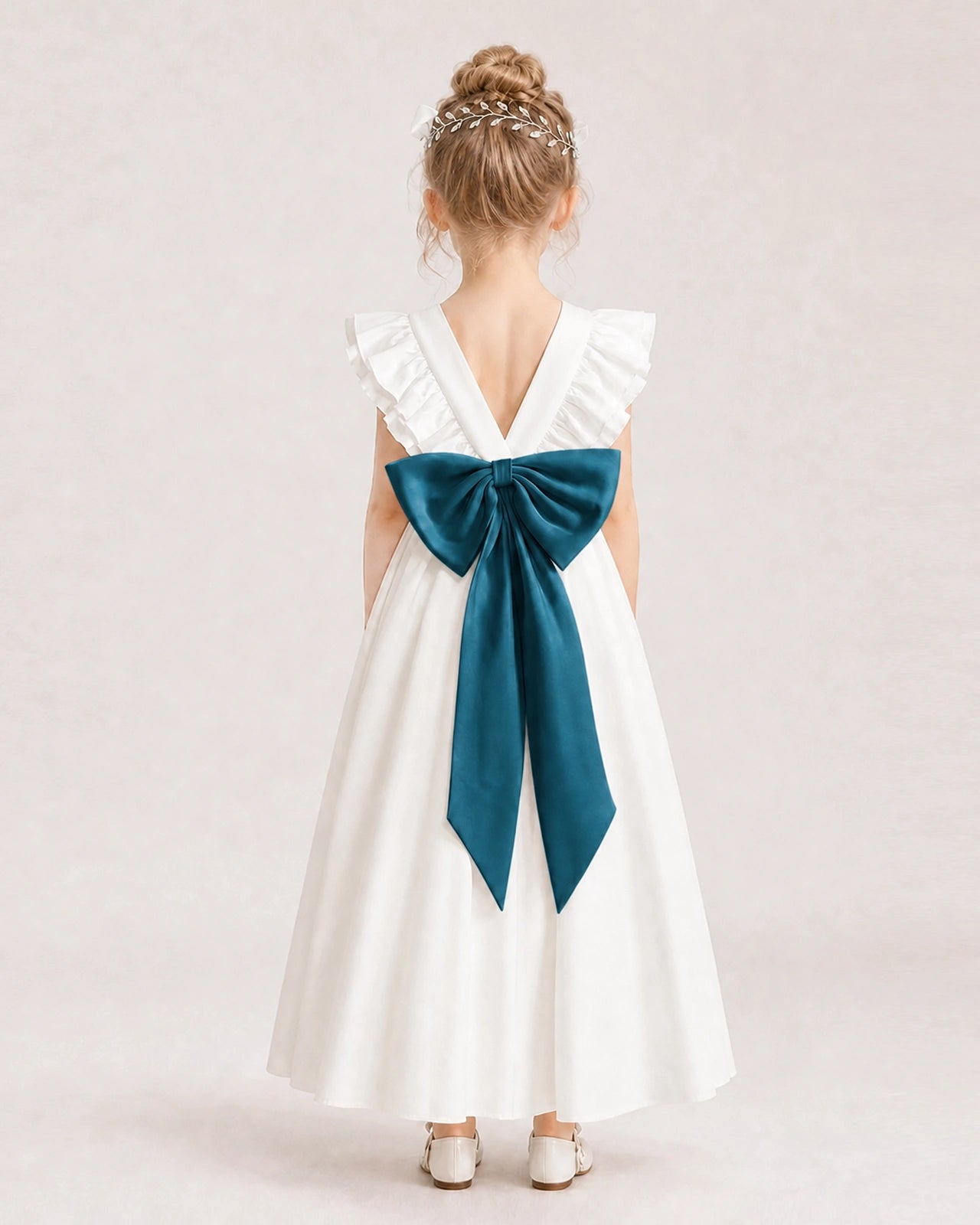 Teal Satin A-line Flower Girl Dress Back View