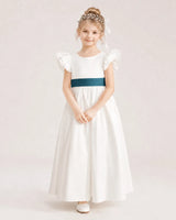 Teal Satin A-line Flower Girl Dress Front View