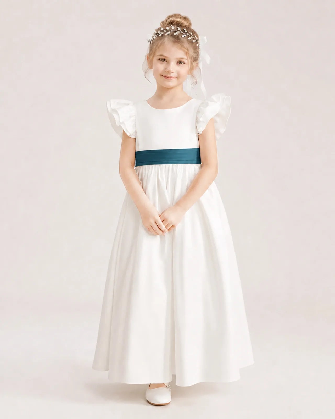 Teal Satin A-line Flower Girl Dress Front View