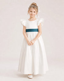 Teal Satin A-line Flower Girl Dress Front View