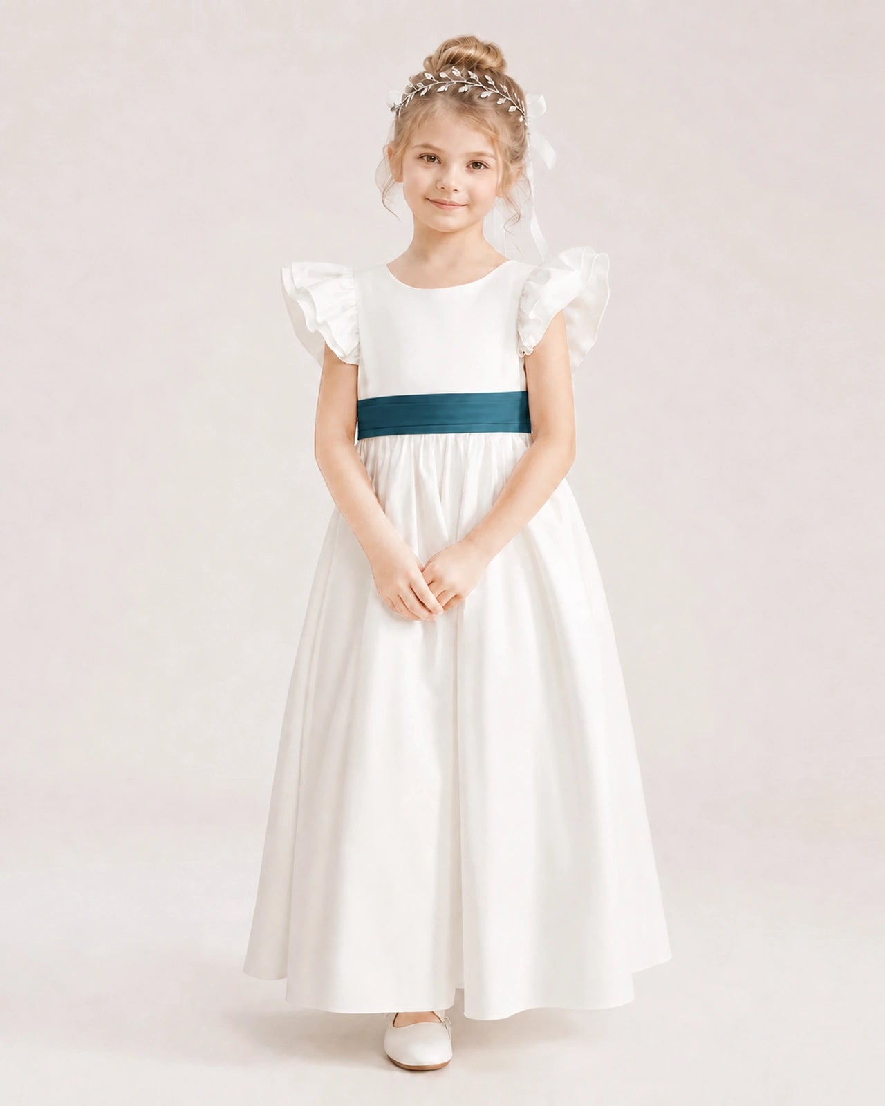 Teal Satin A-line Flower Girl Dress Front View