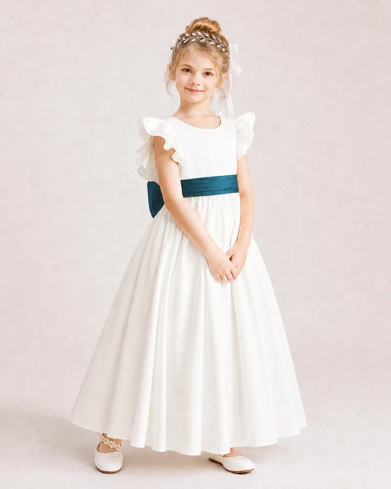 Teal Satin A-line Flower Girl Dress Side View