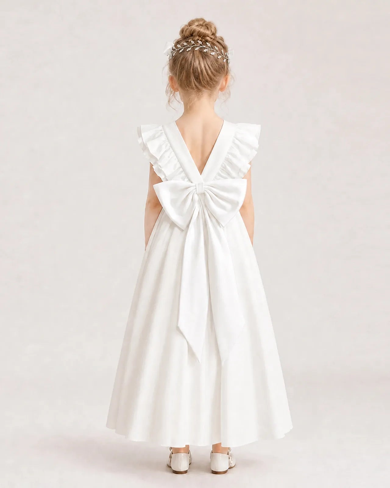 White Satin A-line Flower Girl Dress Back View