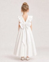 White Satin A-line Flower Girl Dress Back View