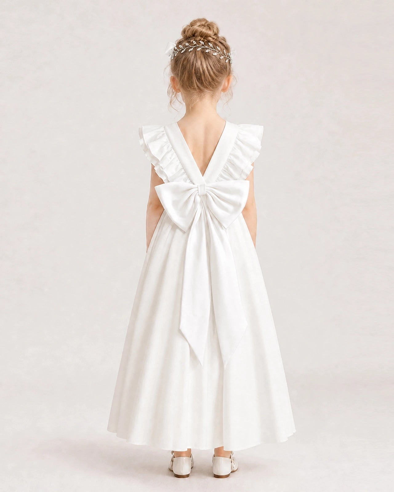 White Satin A-line Flower Girl Dress Back View