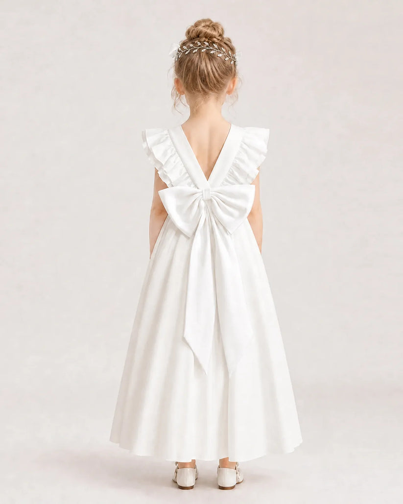 White Satin A-line Flower Girl Dress Back View