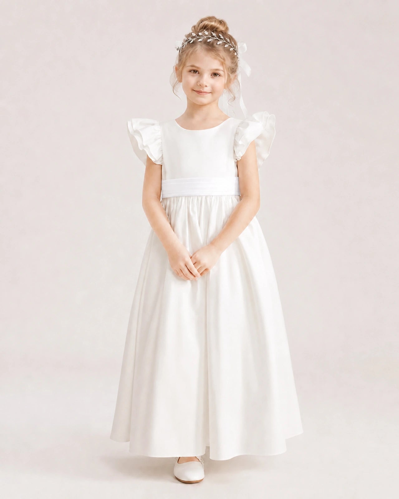 White Satin A-line Flower Girl Dress Front View