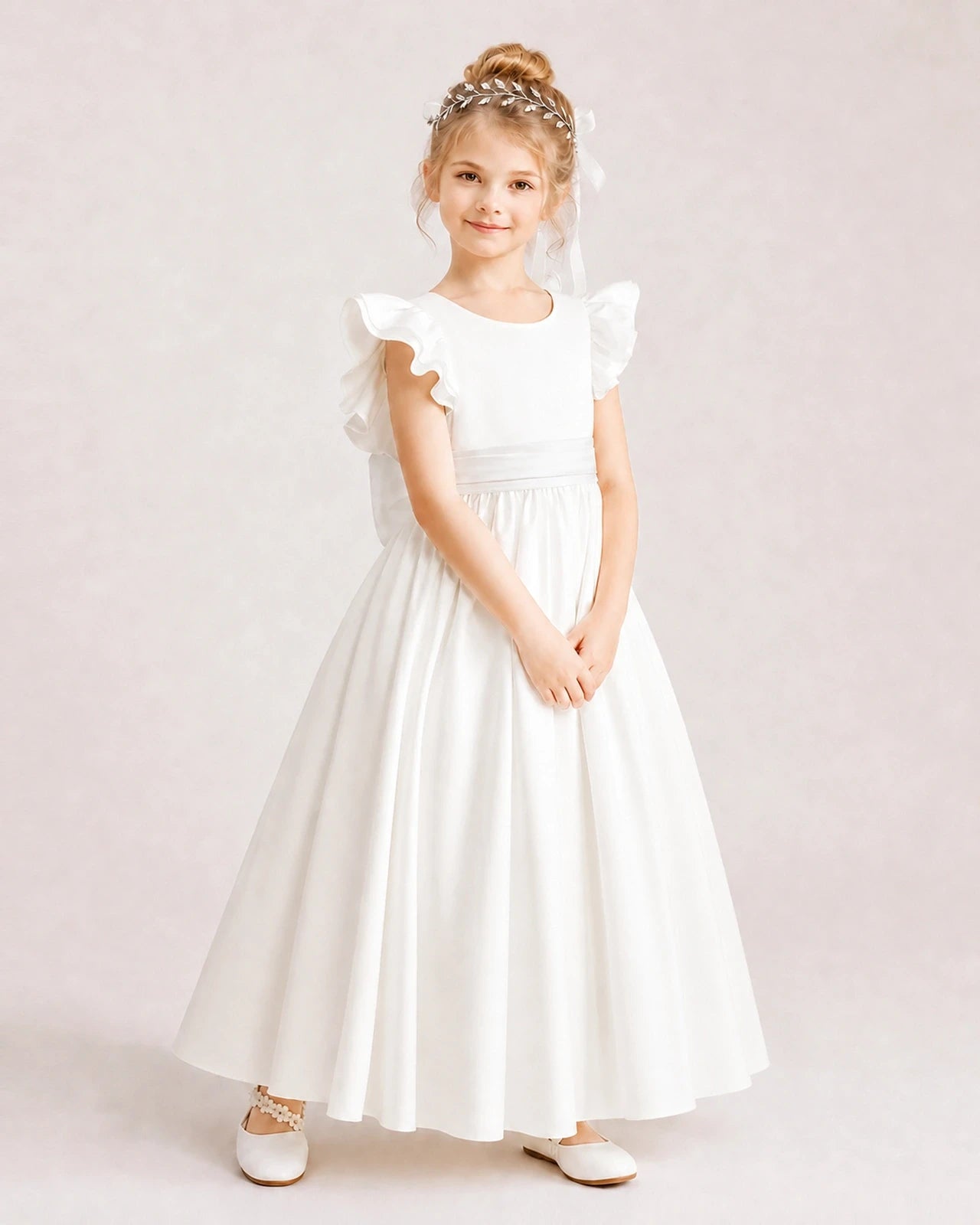 White Satin A-line Flower Girl Dress Side View