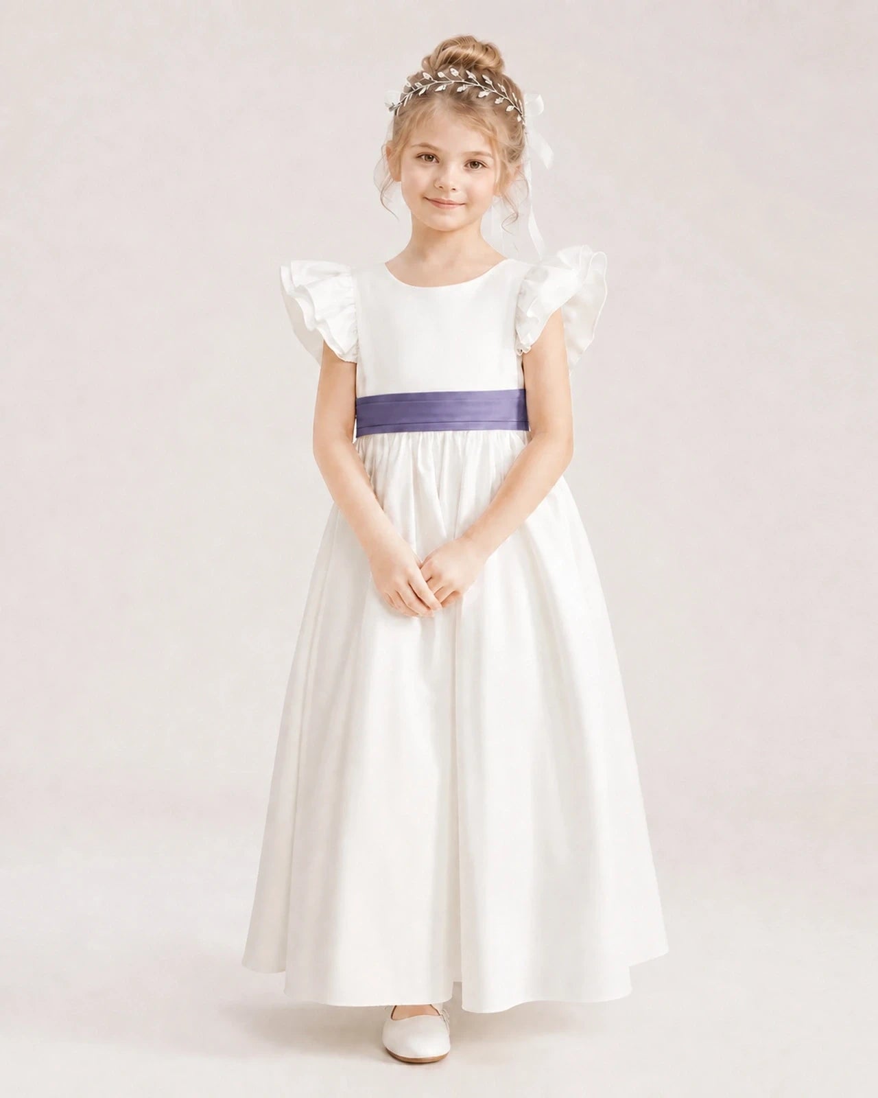 Wisteria Satin A-line Flower Girl Dress Front View