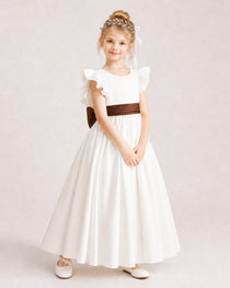 Dideyttawl Ruffle Sleeve Flower Girl Dress with color blocking Bow