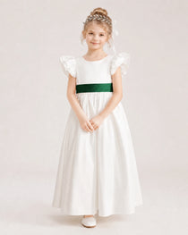 Dideyttawl Ruffle Sleeve Flower Girl Dress with color blocking Bow