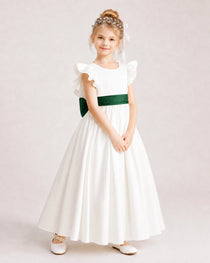 Dideyttawl Ruffle Sleeve Flower Girl Dress with color blocking Bow