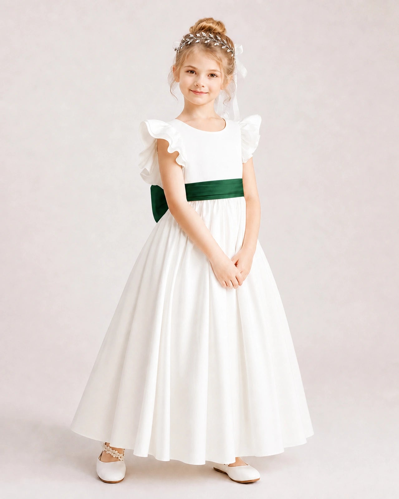 Dideyttawl Ruffle Sleeve Flower Girl Dress with color blocking Bow