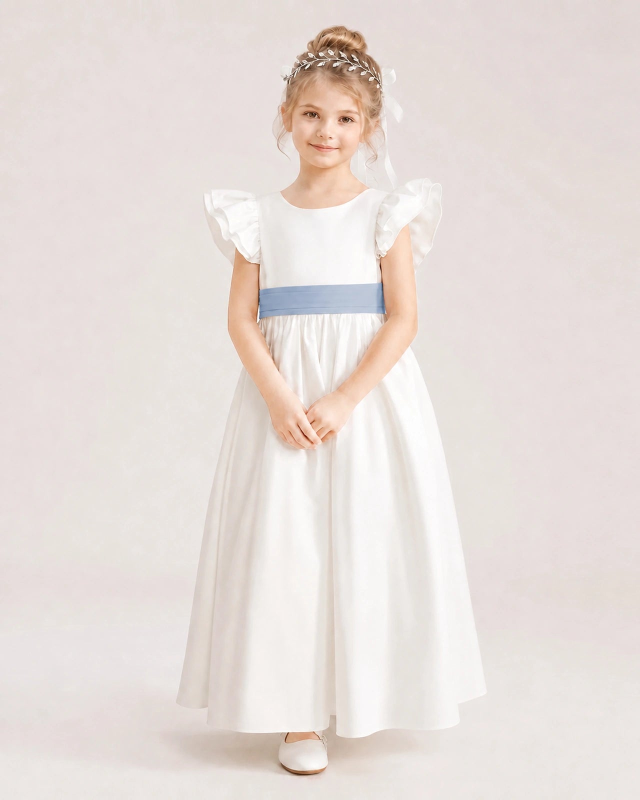 Dideyttawl Ruffle Sleeve Flower Girl Dress with color blocking Bow