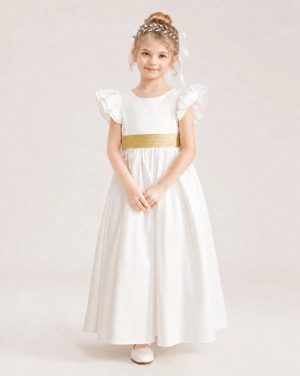 Dideyttawl Ruffle Sleeve Flower Girl Dress with color blocking Bow