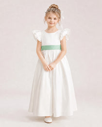 Dideyttawl Ruffle Sleeve Flower Girl Dress with color blocking Bow