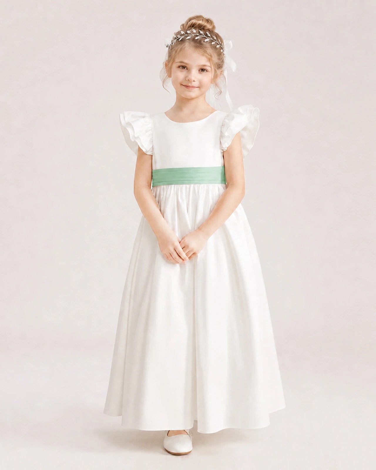 Dideyttawl Ruffle Sleeve Flower Girl Dress with color blocking Bow
