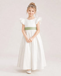 Dideyttawl Ruffle Sleeve Flower Girl Dress with color blocking Bow