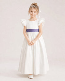 Dideyttawl Ruffle Sleeve Flower Girl Dress with color blocking Bow