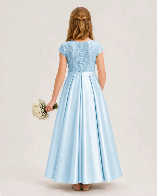 Dideyttawl Lace Cap Sleeve Satin Junior Bridesmaid Dress